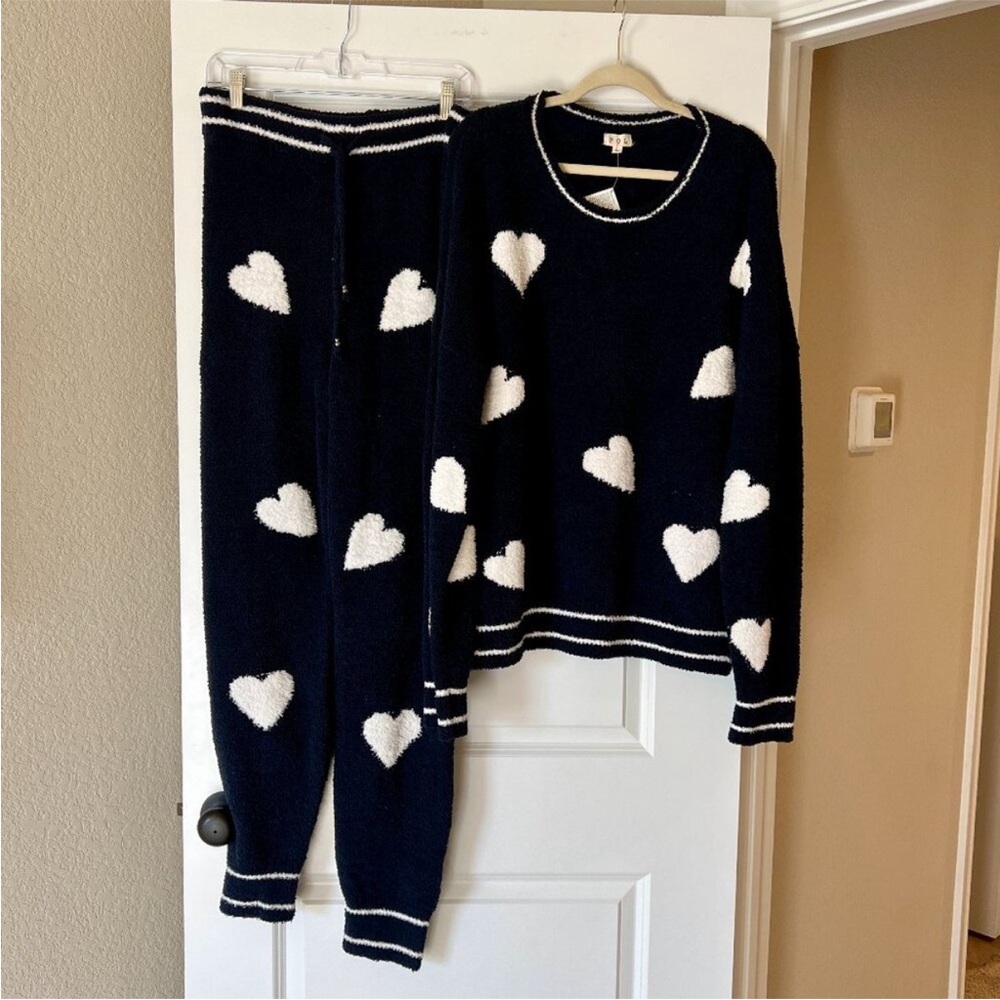 POL Matching Set Navy Blue White Heart Print Fleece Sweatshirt Sweatpant Joggers